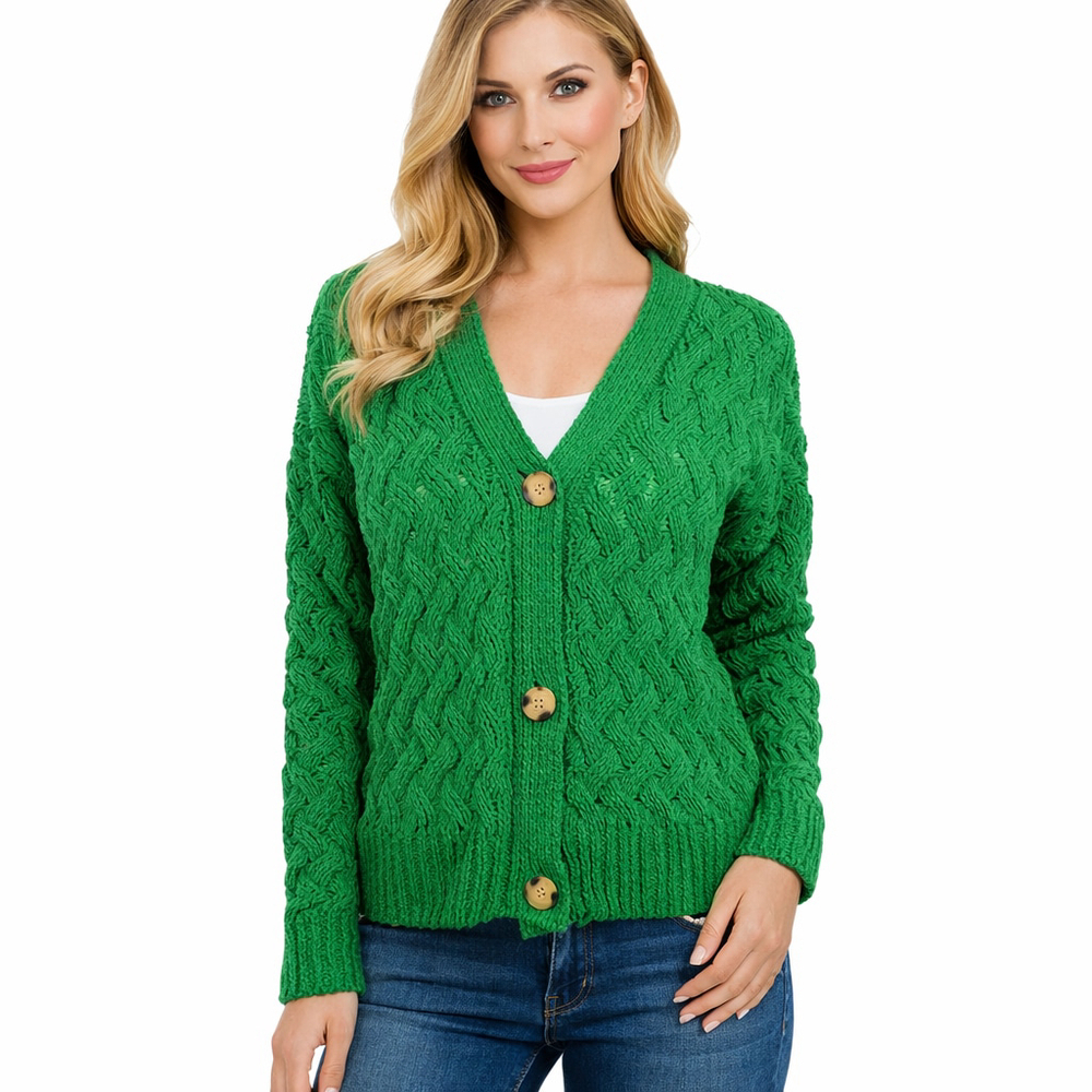 Kendall + Kylie Green Chunky Cable Knit Cardigan Sweater Cozy Cabin Boxy Size L
